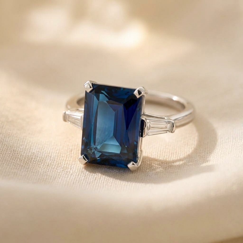 Blue Sapphire Silver Emerald Cut Ring
