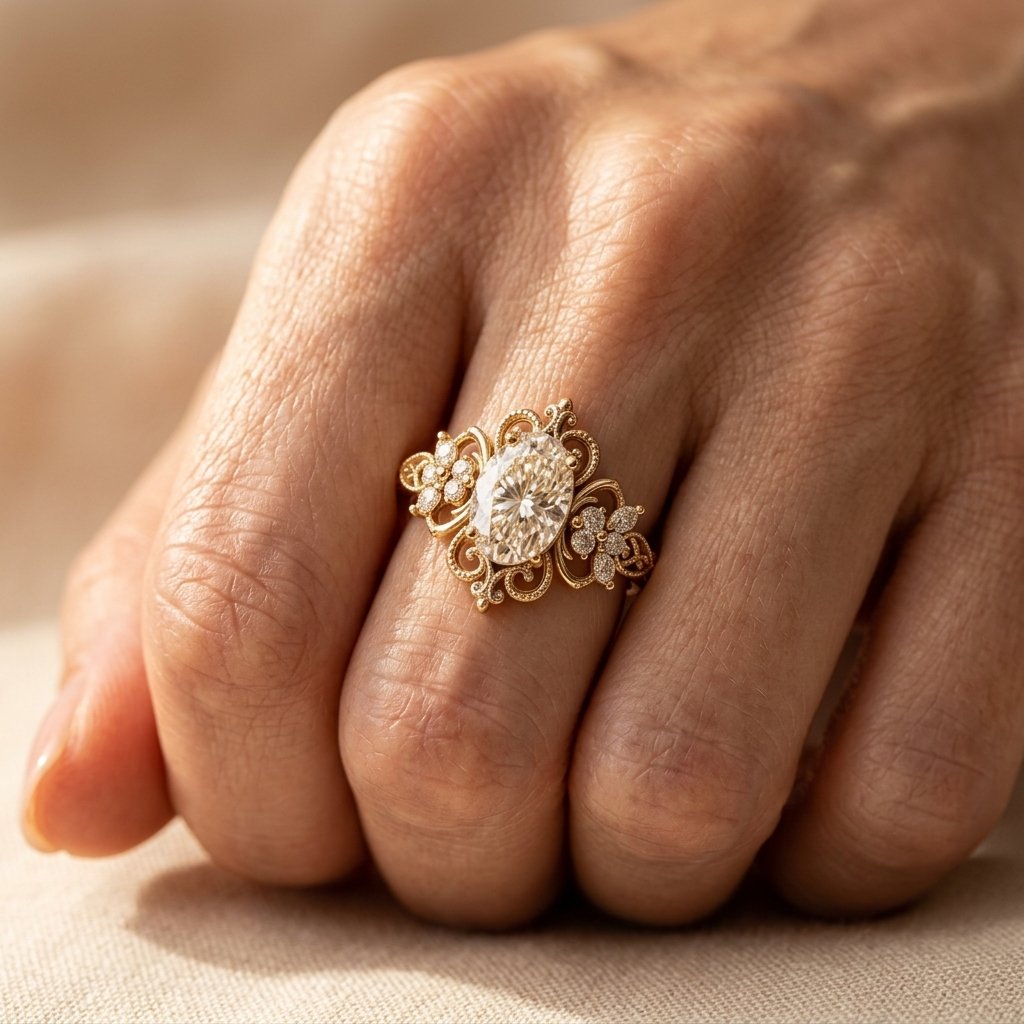 Vintage Gold Filigree Oval Diamond Ring