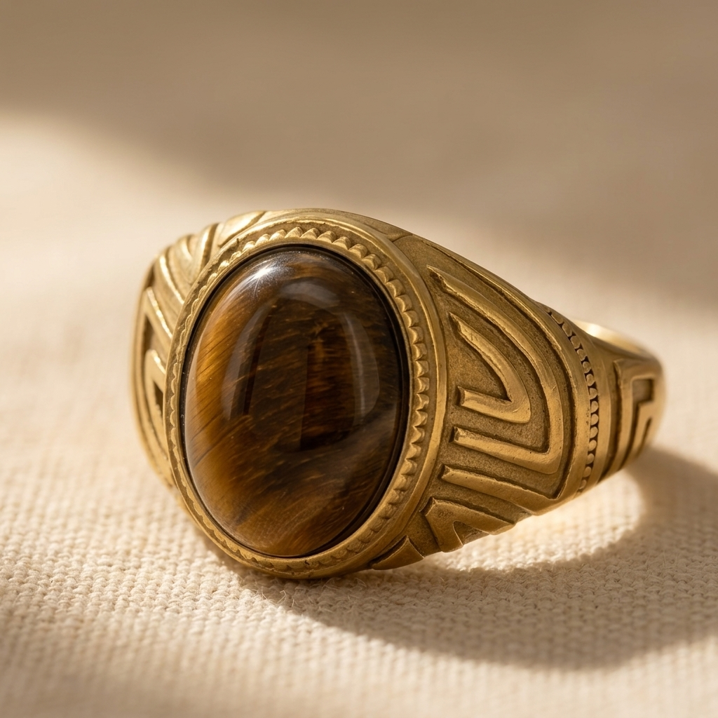 Gold Tiger Eye Stone Oval Signet Ring