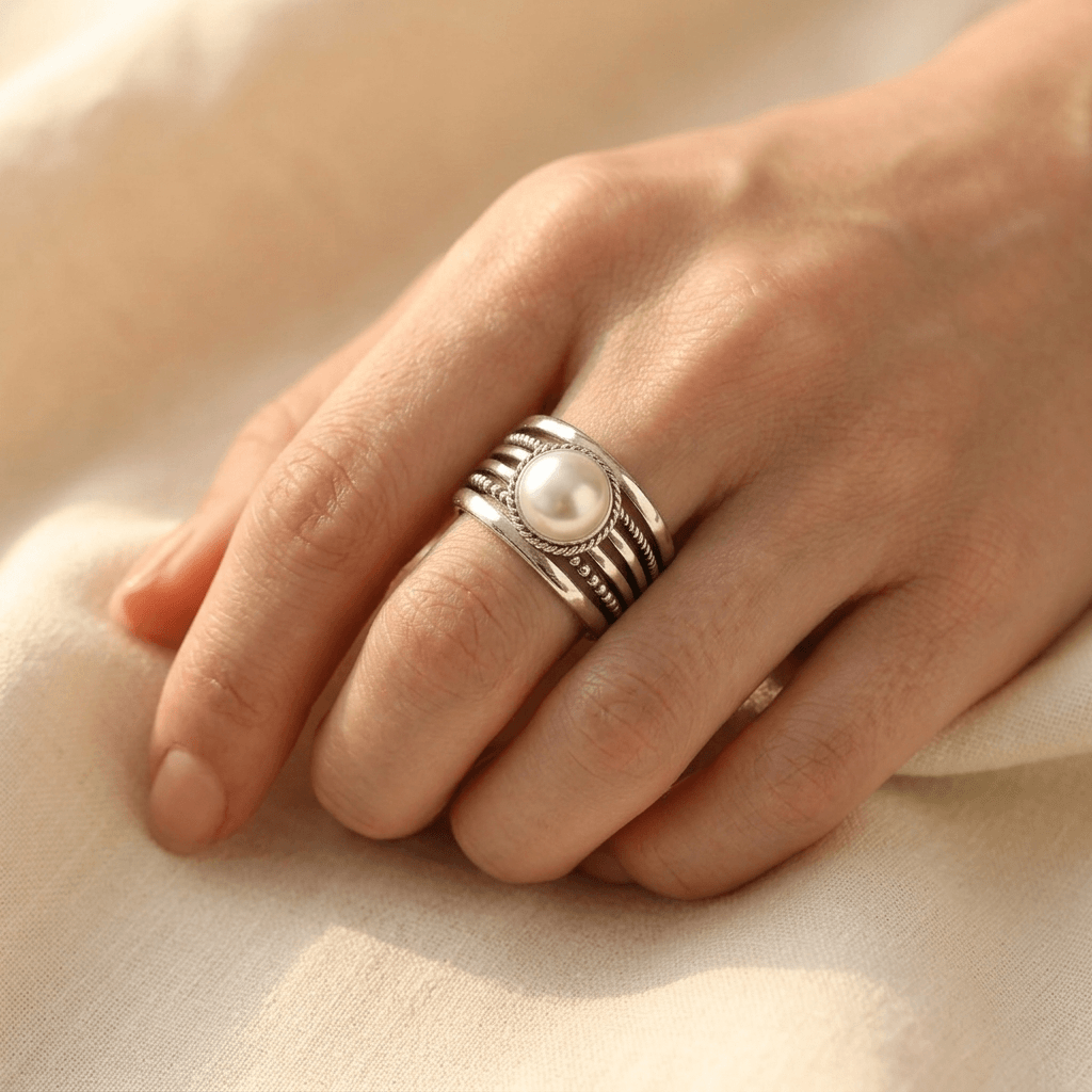 Bohemian Silver Pearl Twisted Statement Ring
