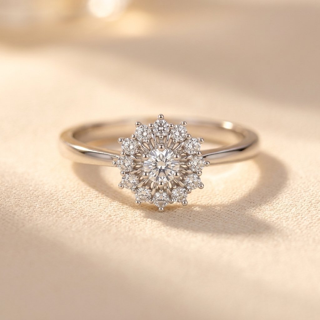 White Gold Round Halo Cluster Ring