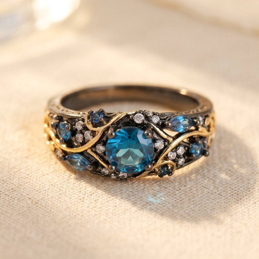 Vintage Gold Blue Topaz Filigree Ring