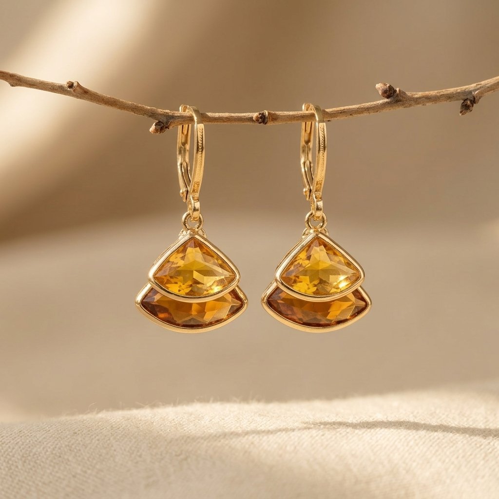 Gold Amber Cushion Fan Shaped Earrings