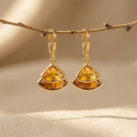 Gold Amber Cushion Fan Shaped Earrings