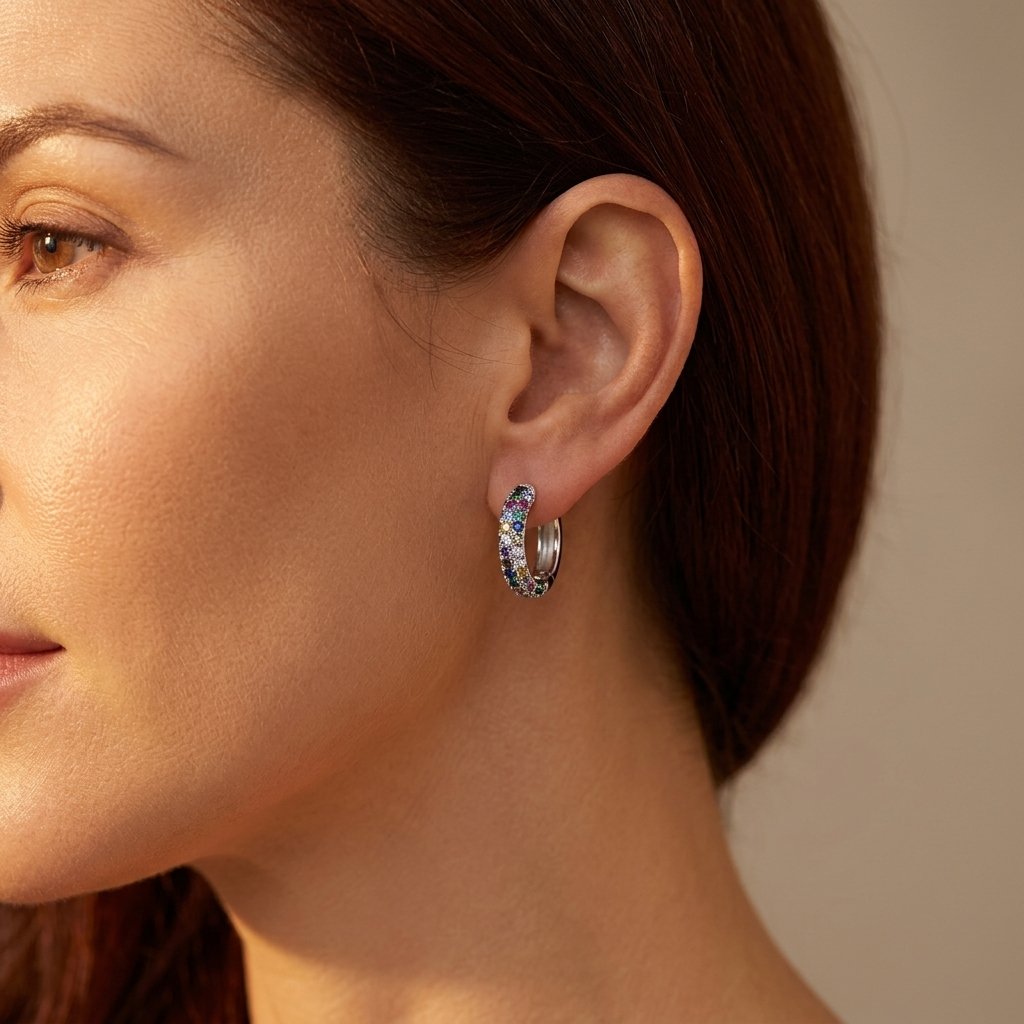 Rainbow Cubic Zirconia Silver Hoop Earrings