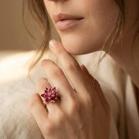 Vintage Handmade Red Cubic Zirconia Lotus Flower Ring