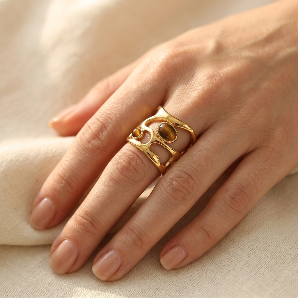 Gold Plated Geometric Brown Stone Cuff Ring