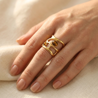 Gold Plated Geometric Brown Stone Cuff Ring