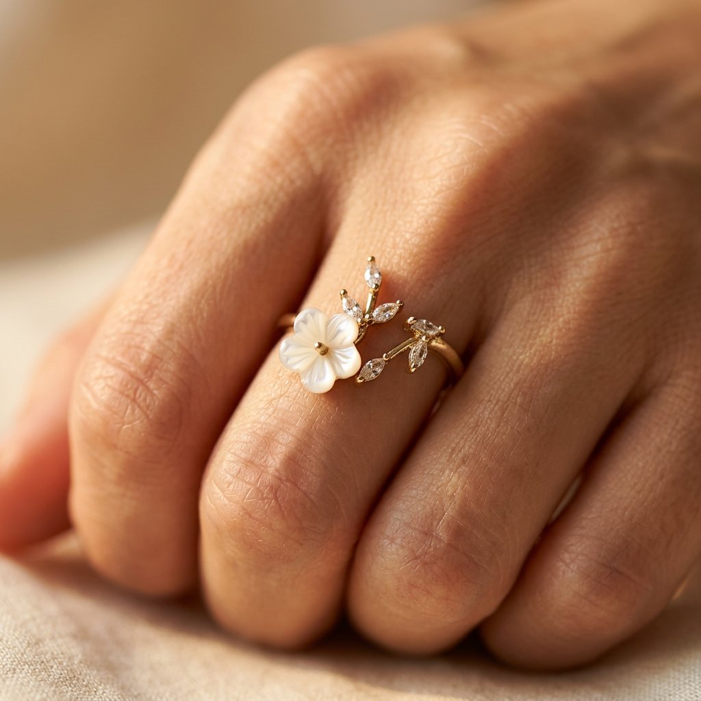 Gold Pearl Carved Flower Ring
