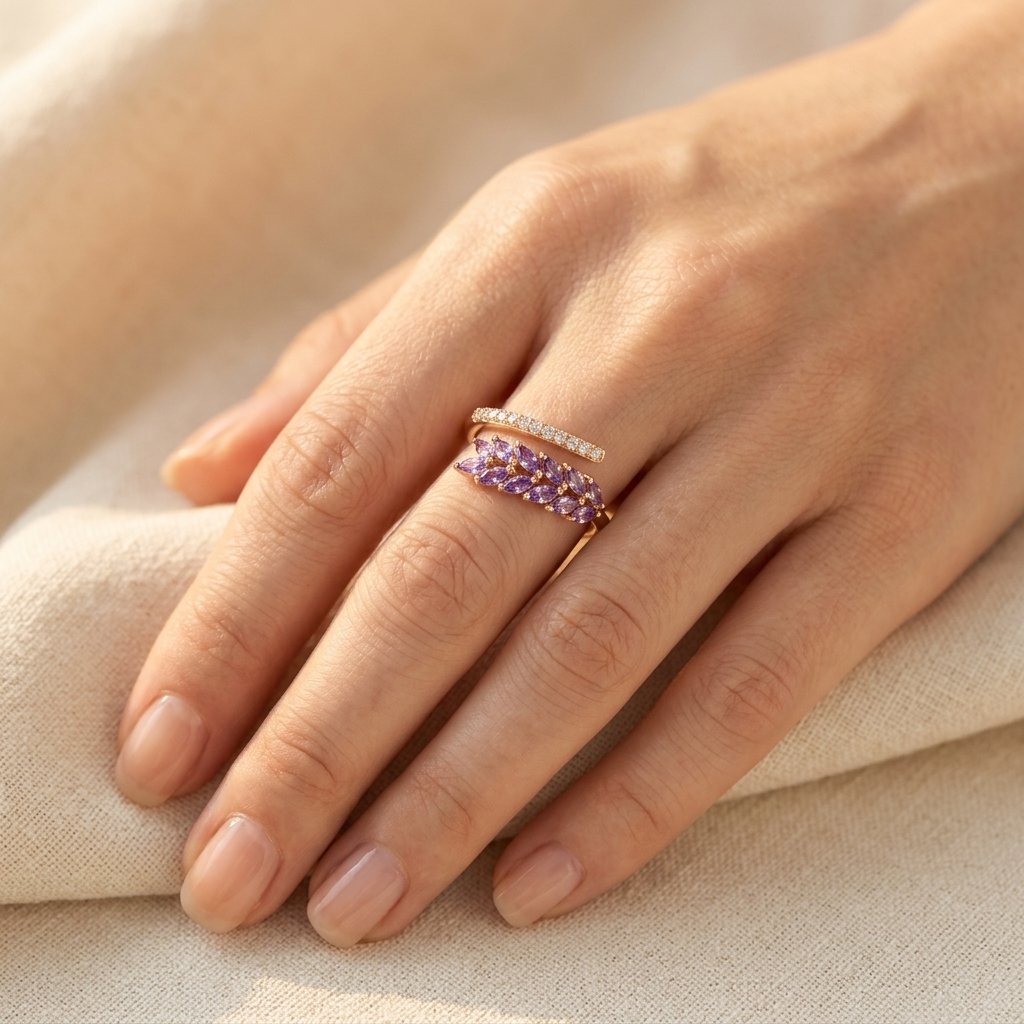 Gold Purple Amethyst Marquise Leaf Ring