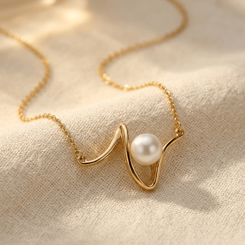 Gold Pearl Asymmetric Open Pendant Necklace