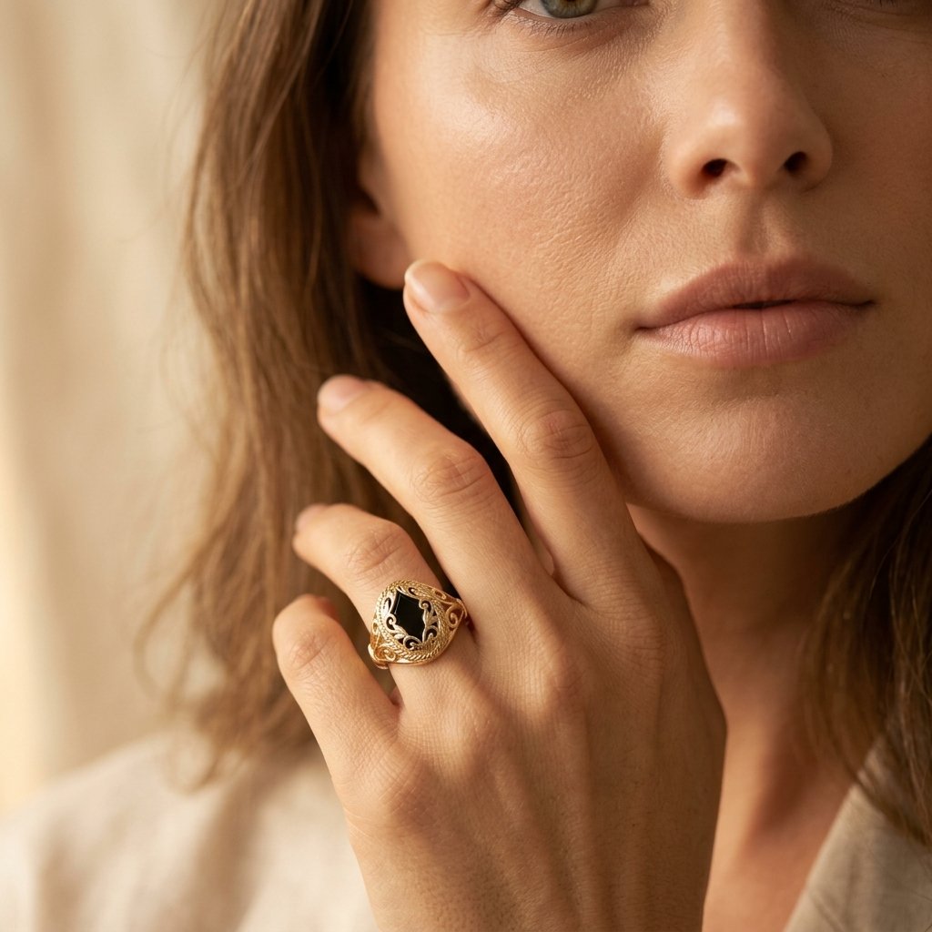 Vintage Gold Filigree Black Onyx Ring