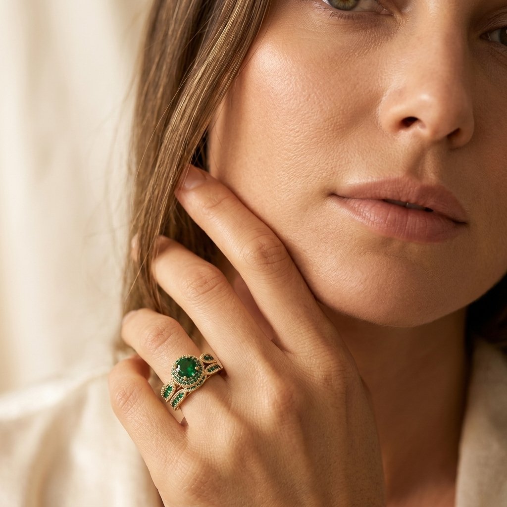 Gold Plated Emerald Filigree Ring Set