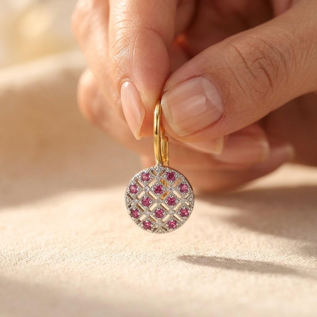 Vintage Gold Ruby Inlay Round Earrings