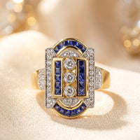 Art Deco Gold Sapphire Diamond Rectangular Ring