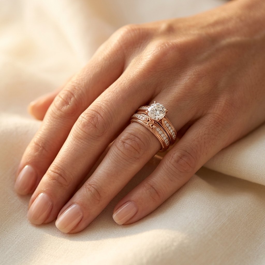 Rose Gold Round Cubic Zirconia Filigree Ring Set