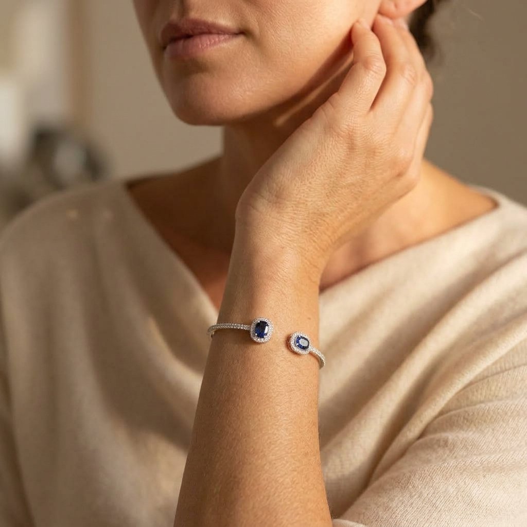 Silver Sapphire Cushion Halo Bracelet