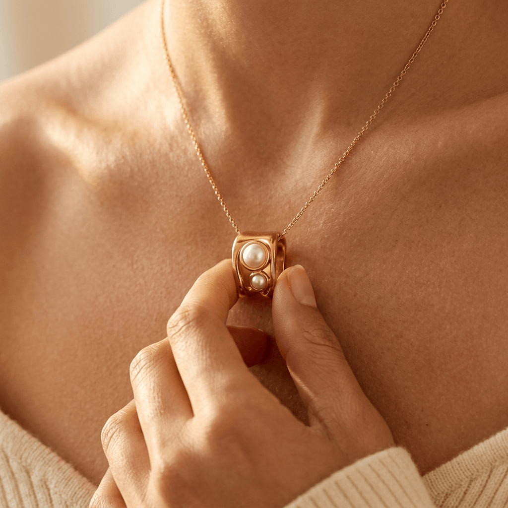Elegant Gold Pearl Oval Ring Necklace