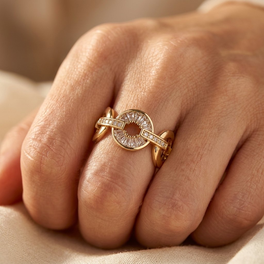 Art Deco Gold Baguette Crystal Circle Ring