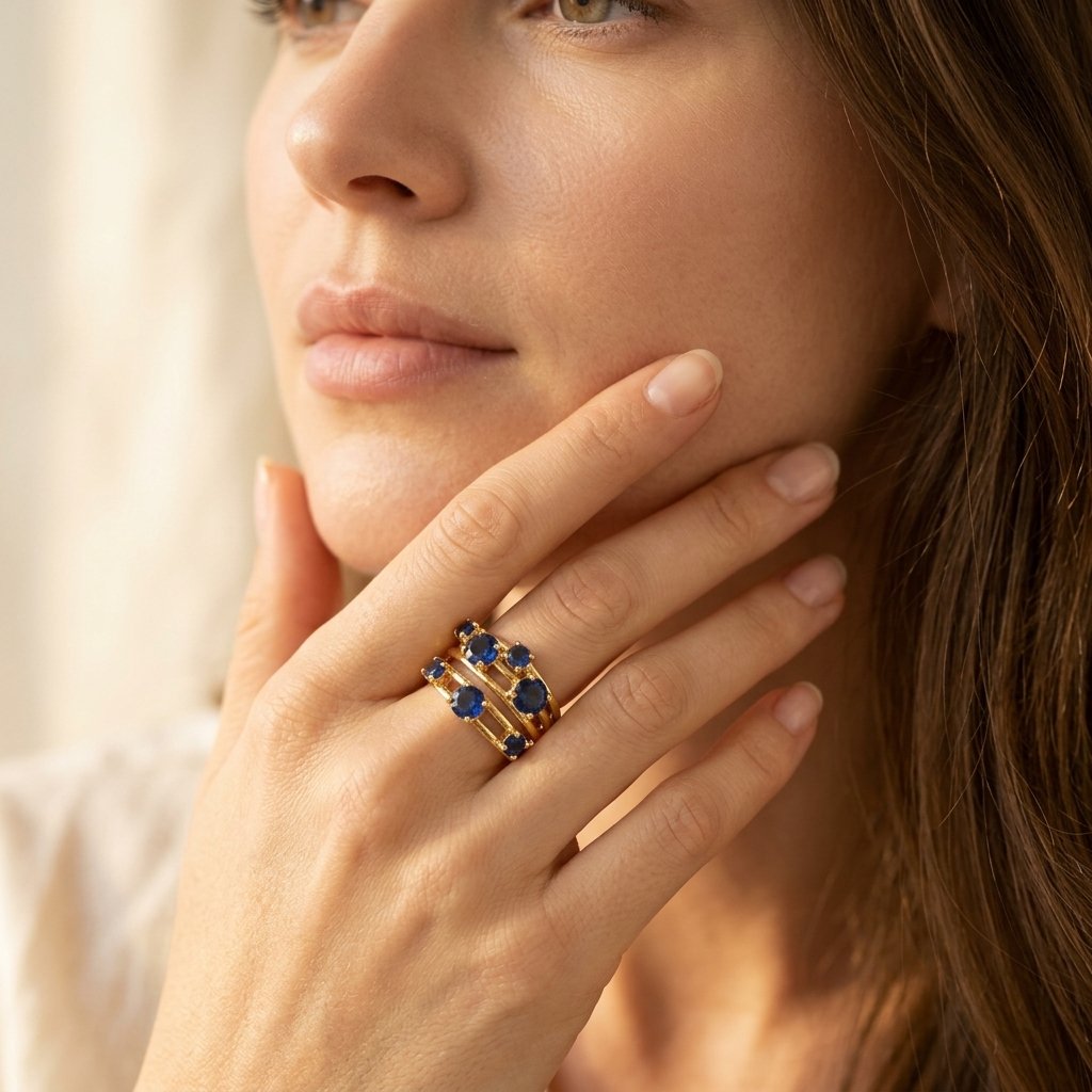 Stacked Gold Blue Sapphire Cluster Ring