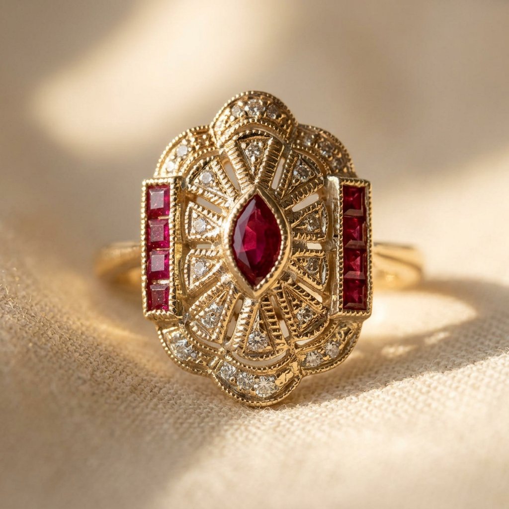 Vintage Gold Ruby Filigree Teardrop Ring