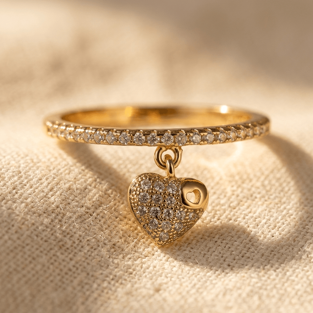 Gold Pavé Heart Charm Stacking Ring