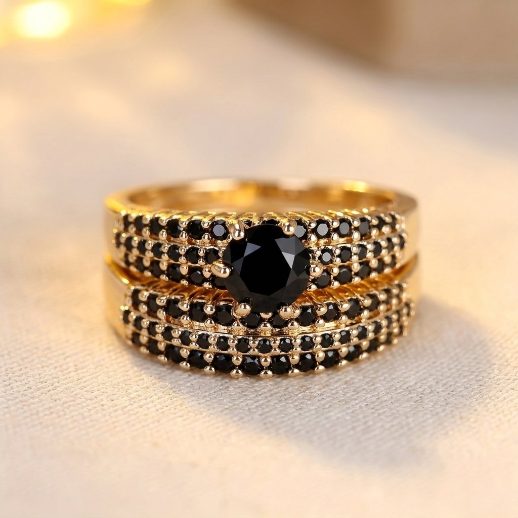 Gold Black Cubic Zirconia Claw Ring Set