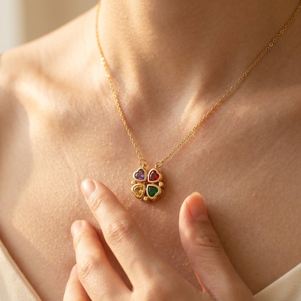 Gold Four Heart Gemstone Charm Necklace