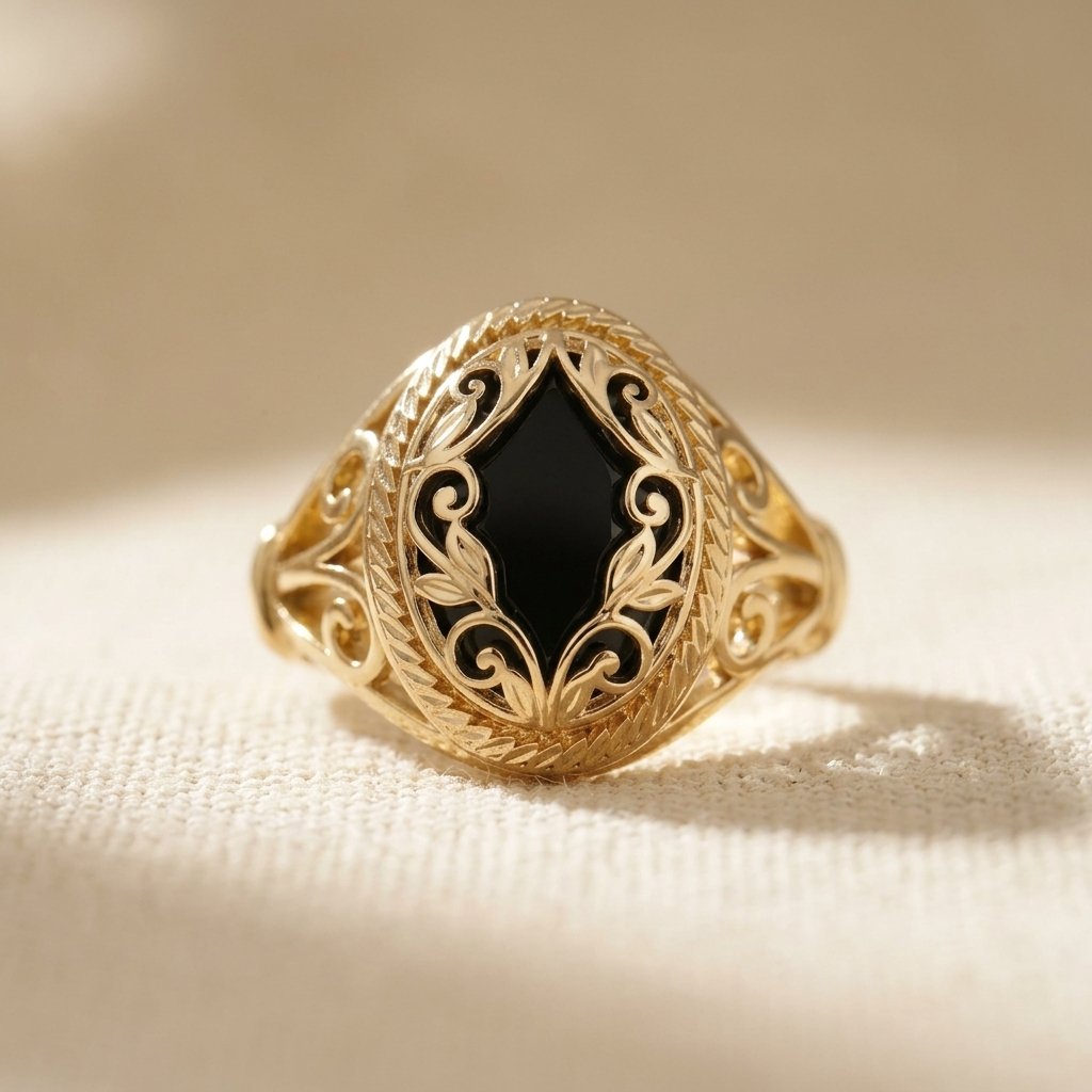 Vintage Gold Filigree Black Onyx Ring