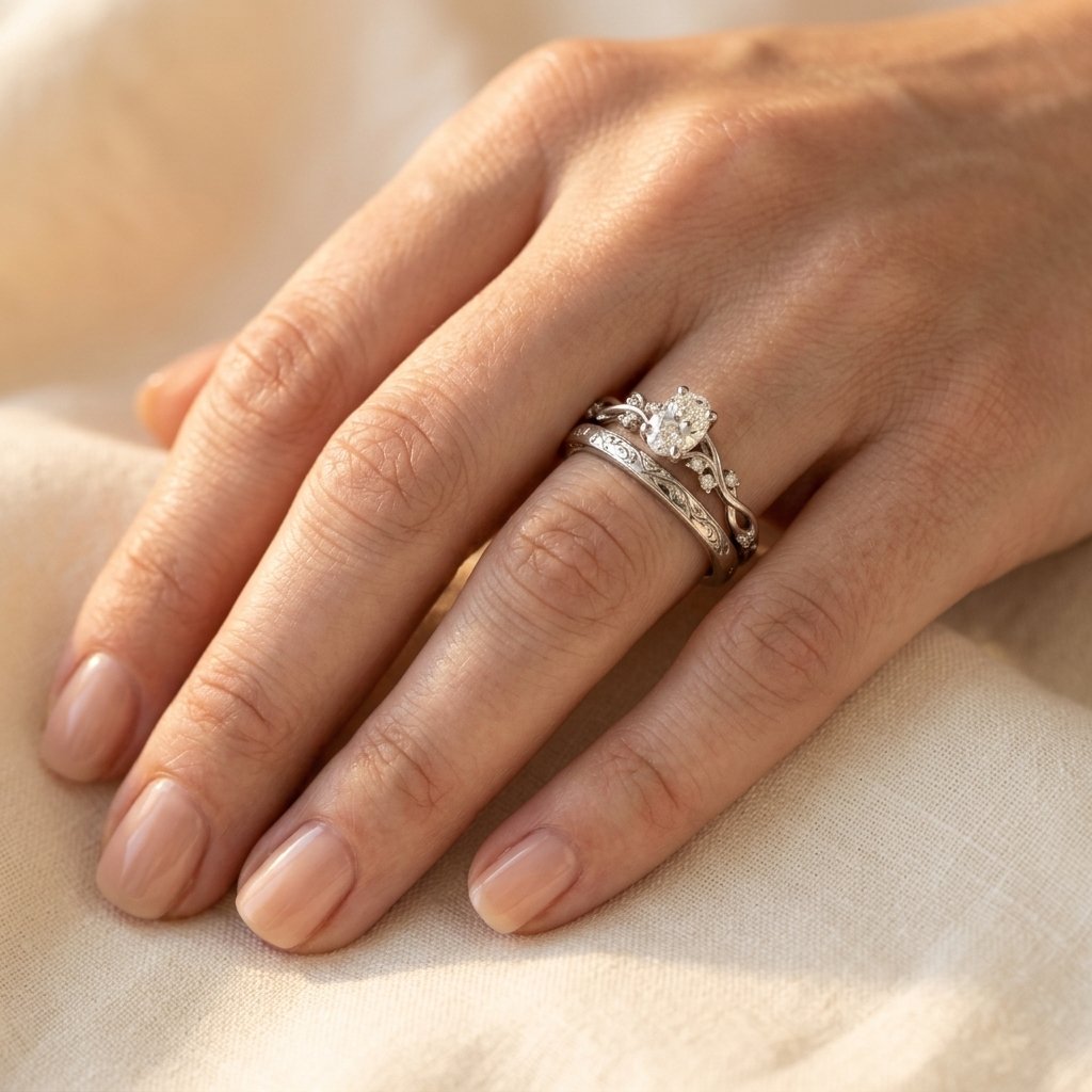 Vintage White Gold Filigree Oval Ring Set