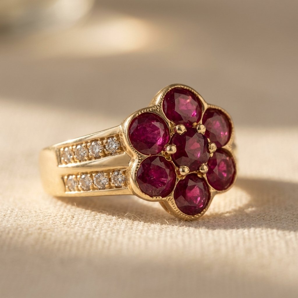 Vintage Gold Ruby Floral Cluster Ring