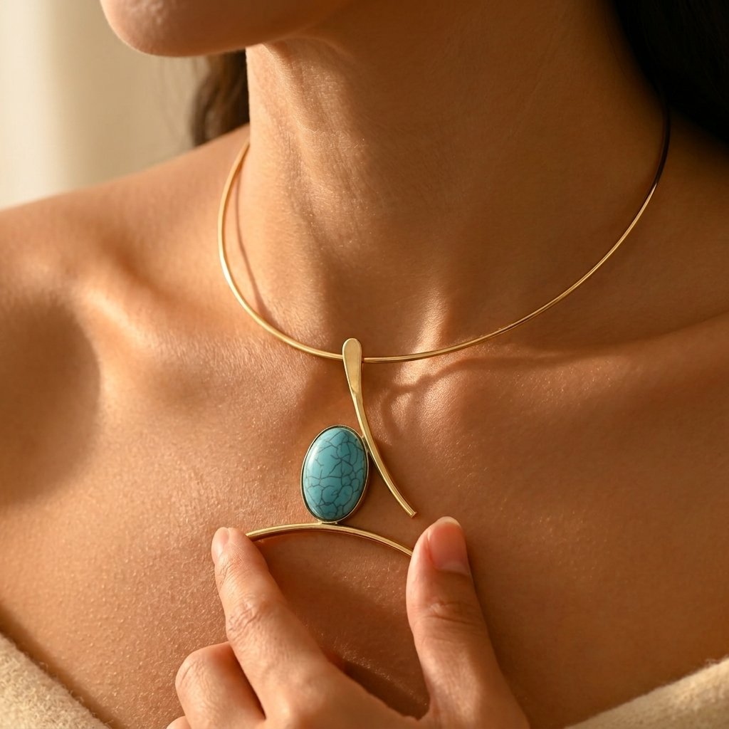 Boho Gold Turquoise Oval Pendant Necklace