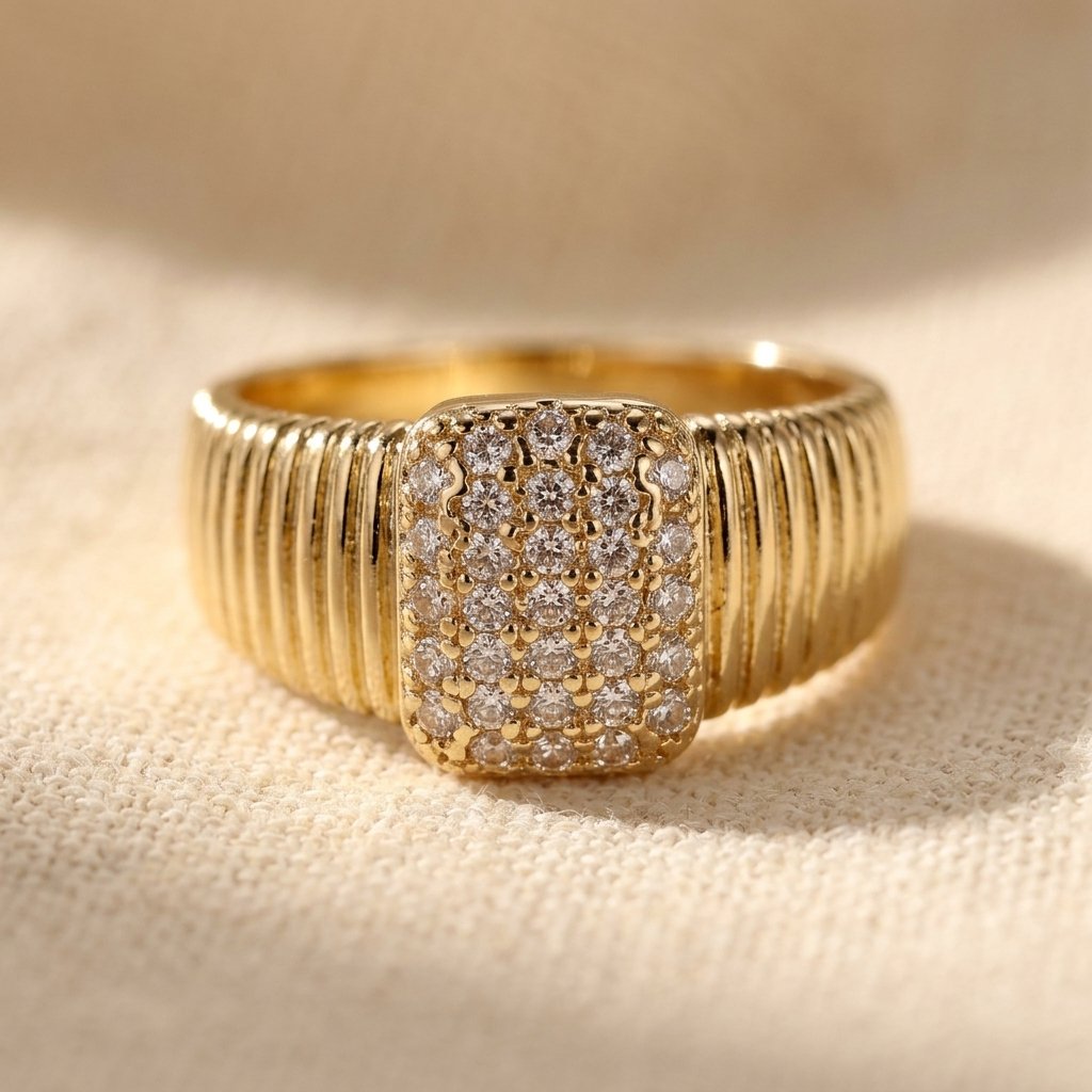 Ribbed Gold Pavé Diamond Signet Ring