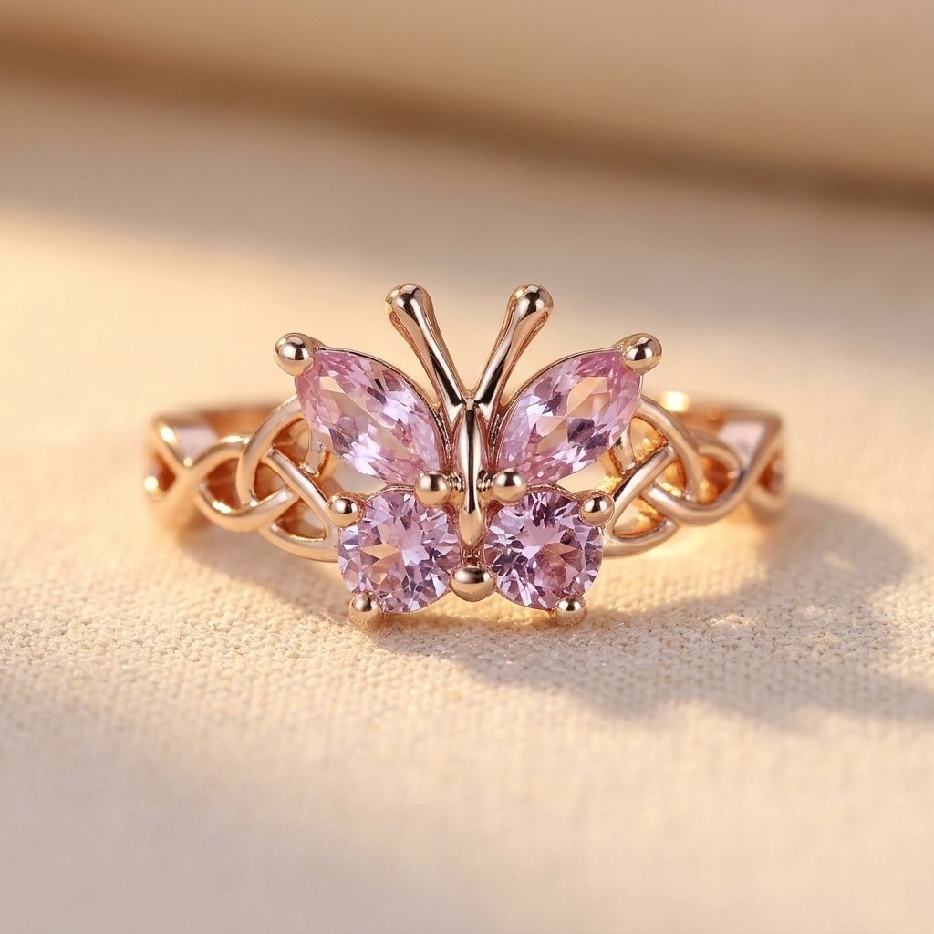 Vintage Rose Gold Pink Butterfly Celtic Ring