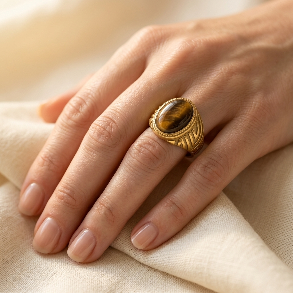 Gold Tiger Eye Stone Oval Signet Ring