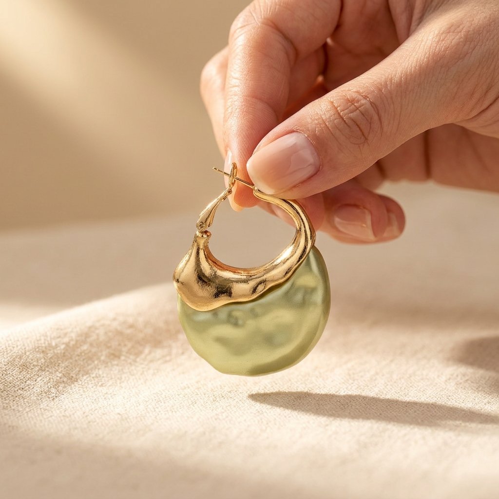 Retro Gold Hammered Pale Green Teardrop Earrings