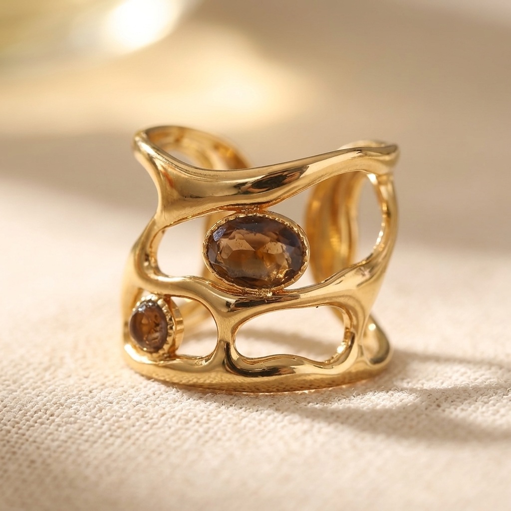 Gold Plated Geometric Brown Stone Cuff Ring