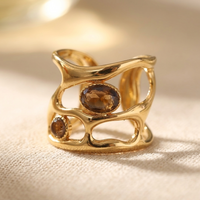 Gold Plated Geometric Brown Stone Cuff Ring