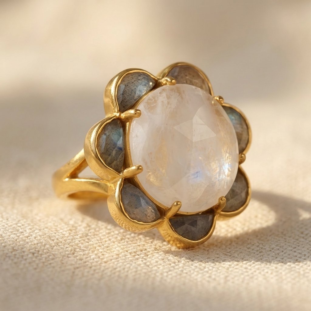 Gold Labradorite Oval Flower Ring