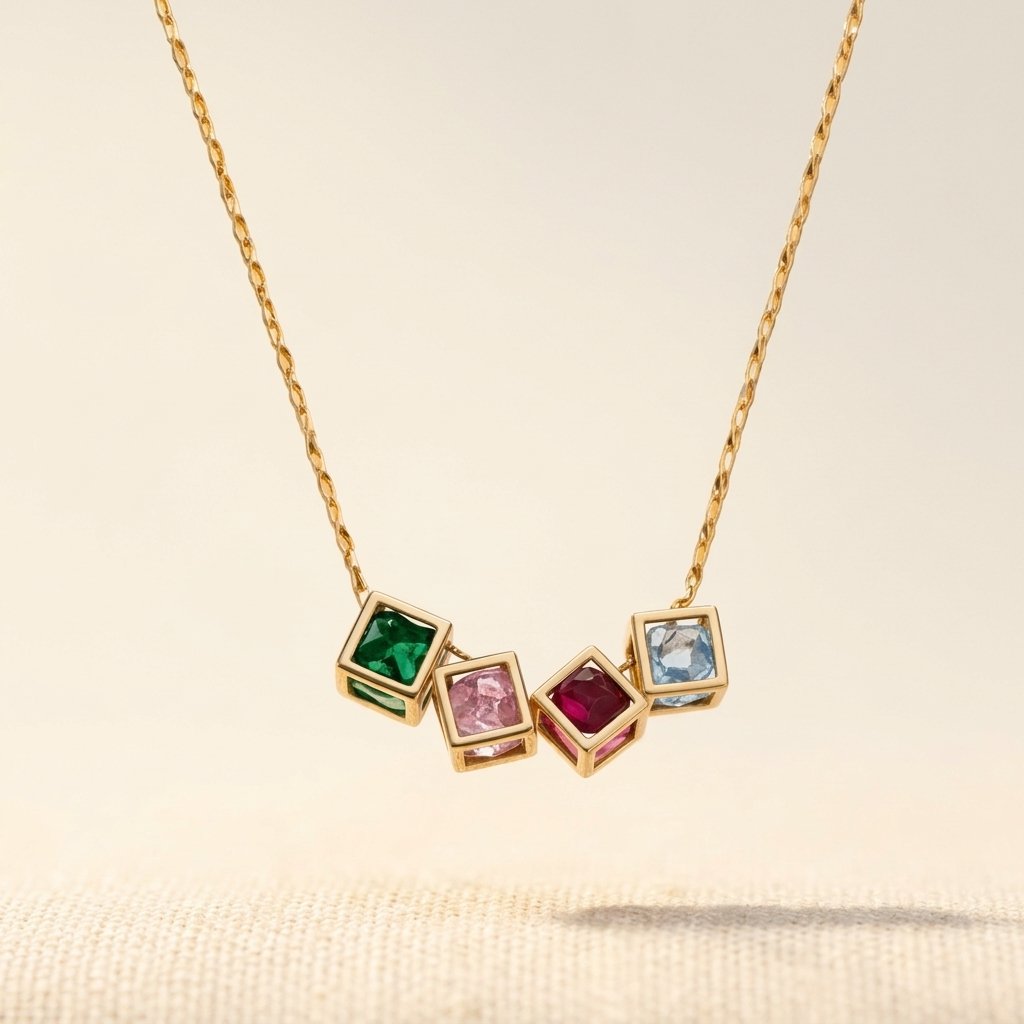 Gold Multicolor Square Stone Necklace