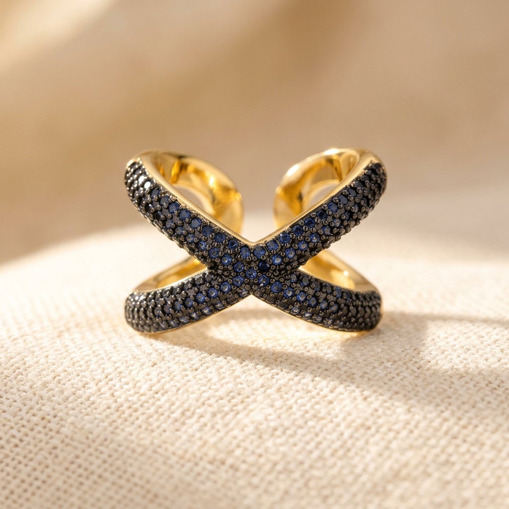 Criss Cross Gold Blue Sapphire Pave Ring