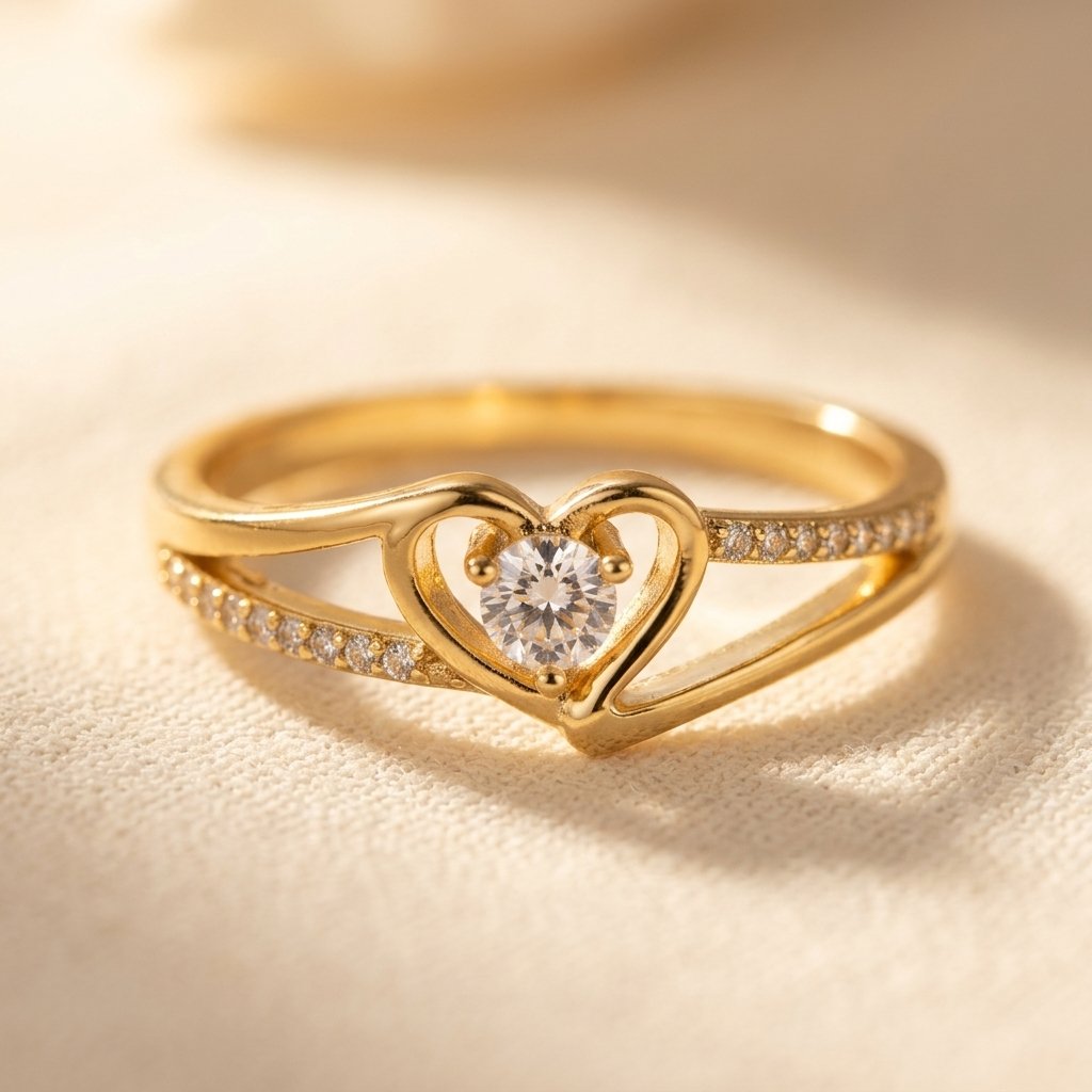 Gold Heart Shaped Round Cubic Zirconia Ring