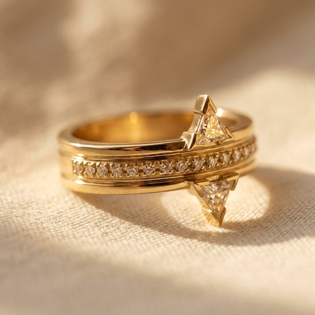 Geometric Gold Triangle Diamond Star Ring