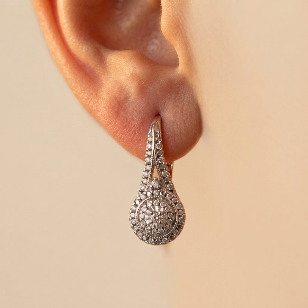 Silver Cubic Zirconia Halo Leverback Drop Earrings