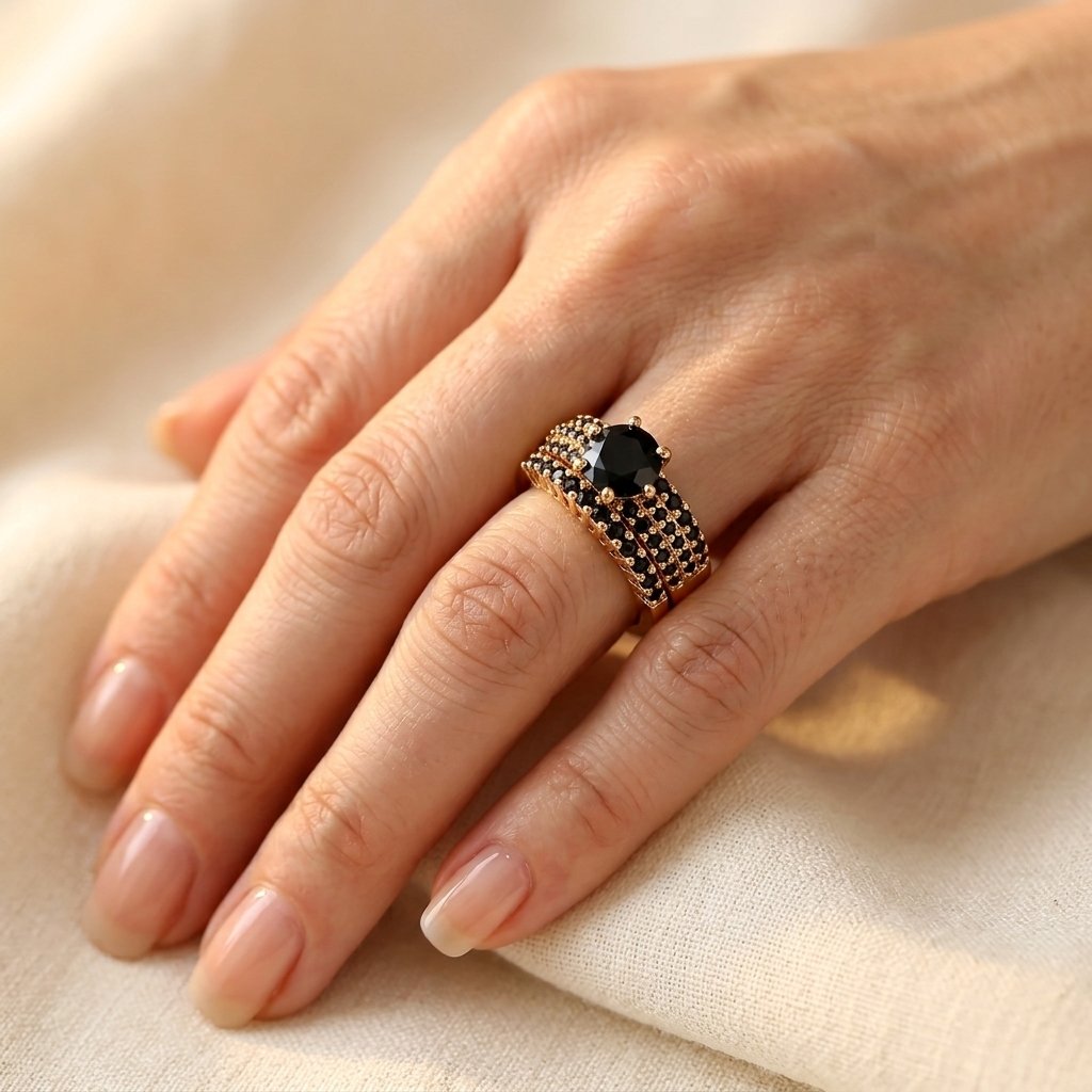 Gold Black Cubic Zirconia Claw Ring Set