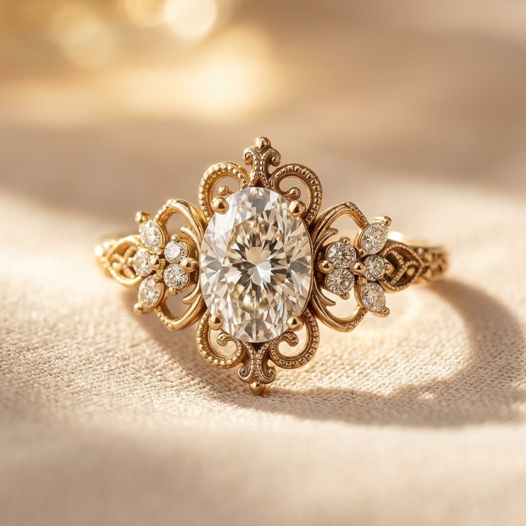 Vintage Gold Filigree Oval Diamond Ring