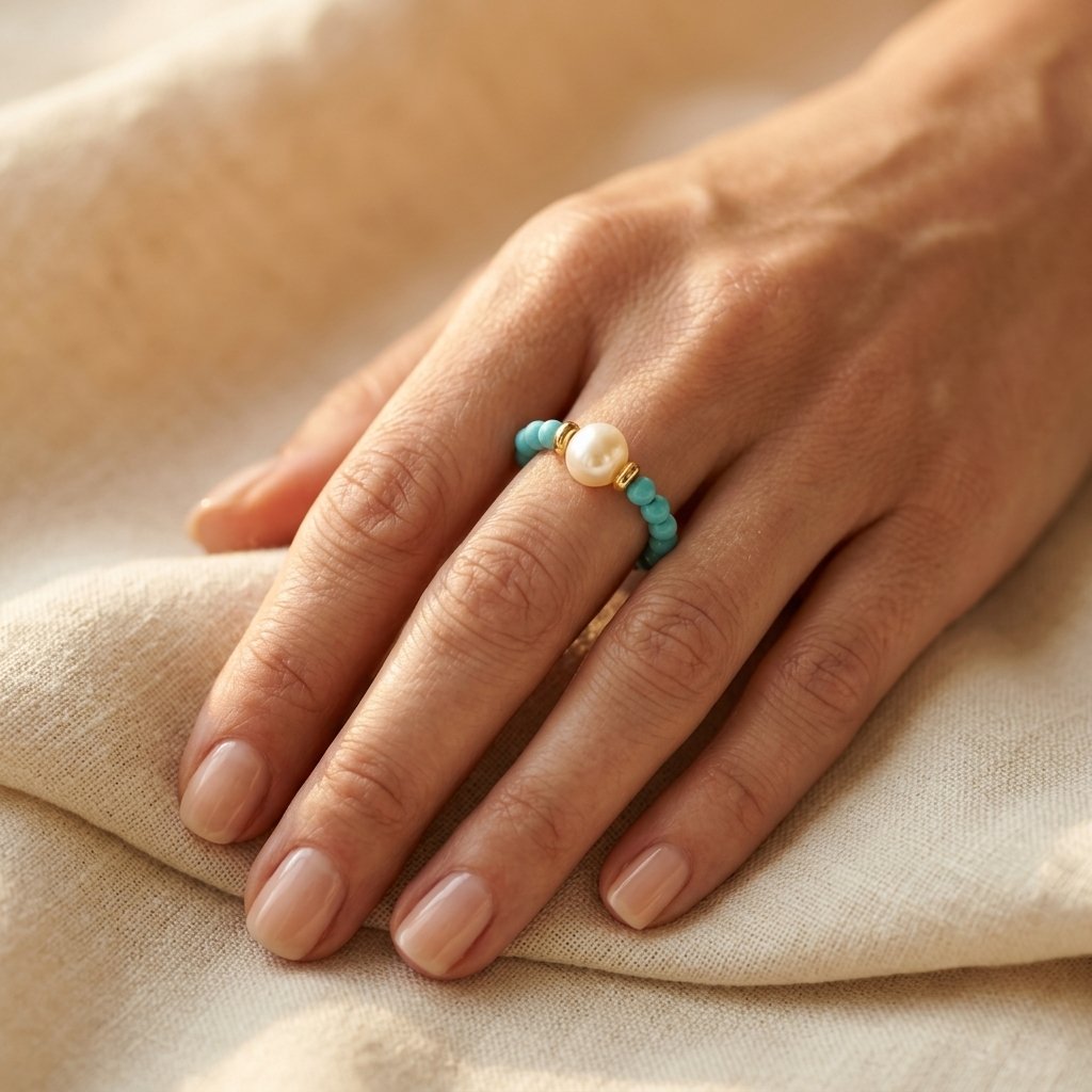 Vintage Gold Turquoise Pearl Beaded Ring