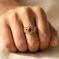 Gold Turquoise Inlay Oval Ruby Ring
