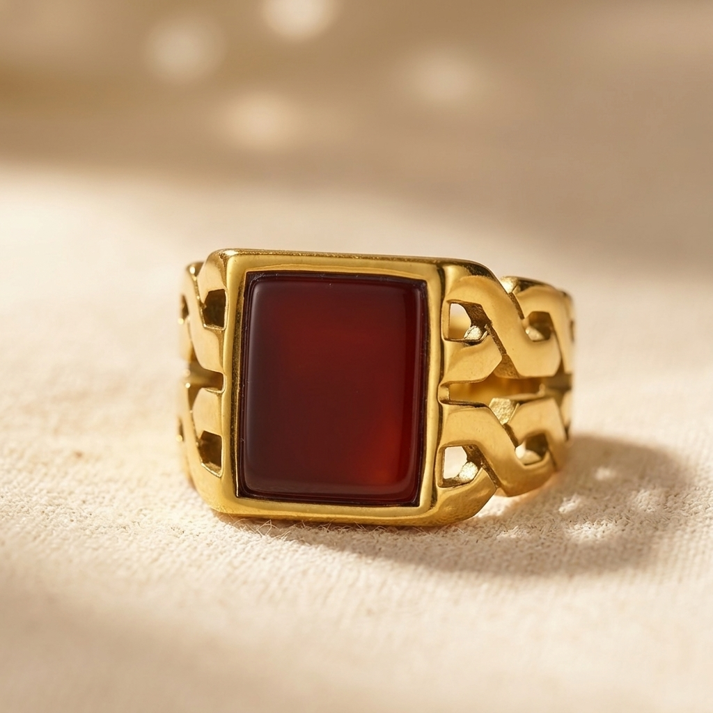 Gold Square Red Agate Statement Ring