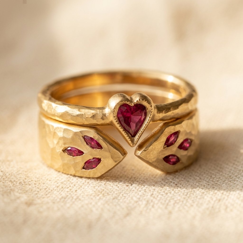 Vintage Gold Ruby Heart Texture Ring